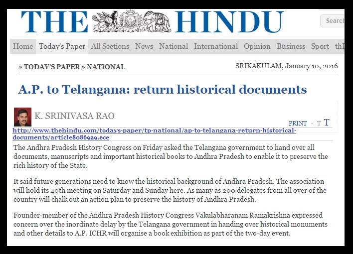 Telengana to return monuments, mss to AP - The Hindu 10-01-2016